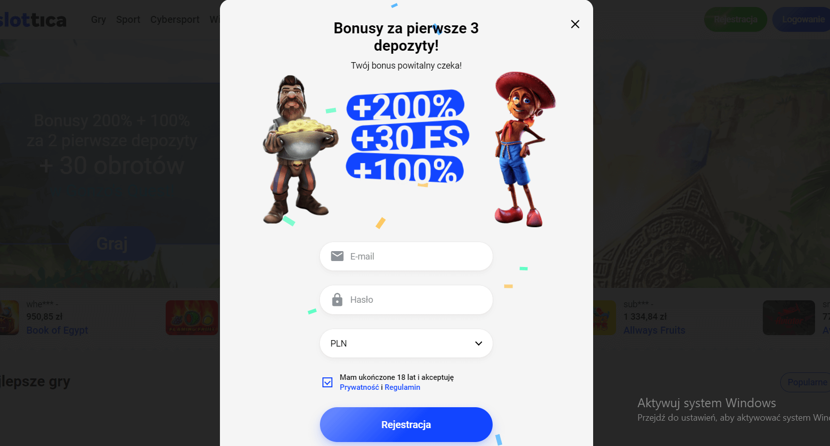 slottica rejestracja i logowanie screenshot